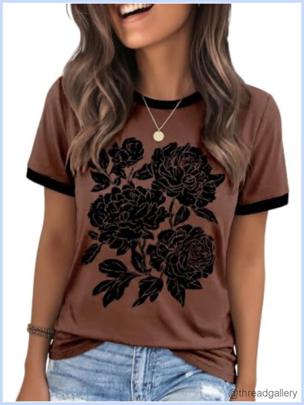 Womens Graphic Tee Vintage Floral Boho Ringer T-Shirt Crewneck